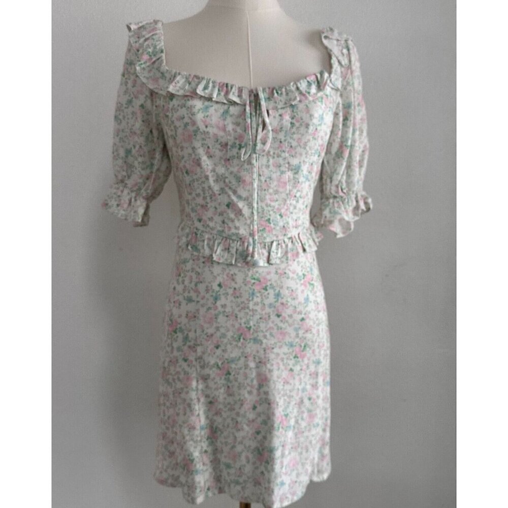 Sophie Rue by Anthropologie Puff Sleeves Back Cut Out Linen Dress S Cottagecore